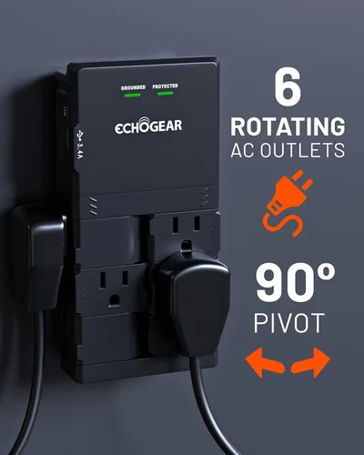 Vista 3 de ECHOGEAR Toma de pared con protección contra sobretensiones - Alimenta y protege 8 dispositivos con 6 enchufes AC giratorios y 2 puertos USB