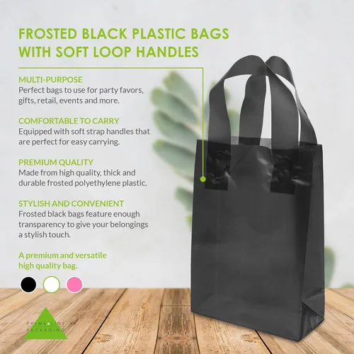 Vista 2 de Prime Line Packaging Bolsas de regalo de plástico, bolsas de mano esmeriladas con asas para compras, pequeñas empresas, negro esmerilado, venta al