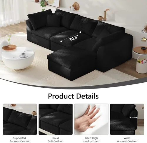Vista 7 de Sofá modular de nube sin hueso de 108 pulgadas con asiento profundo para sala de estar, sofá en forma de L con otomana, tela de copo de nieve y Negro