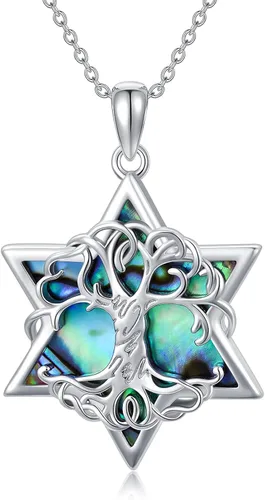 MBSUUH Collar de árbol de la vida de plata de ley S925 con concha de abulón estrella de David regalo para hombres mujeres esposa hija adolescentes y