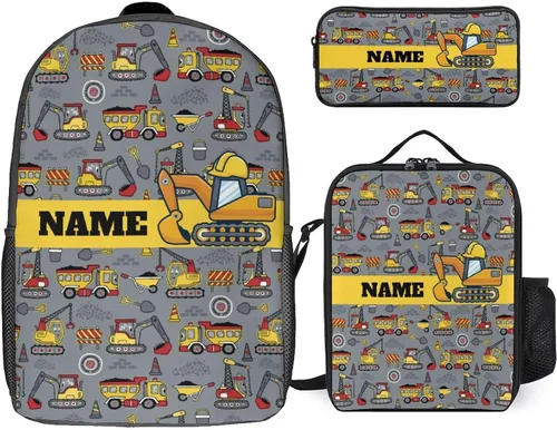 Mochila personalizada para automóvil de excavadora, juego de 3 piezas con tu nombre, mochila escolar con texto, bolsa de libros personalizada con