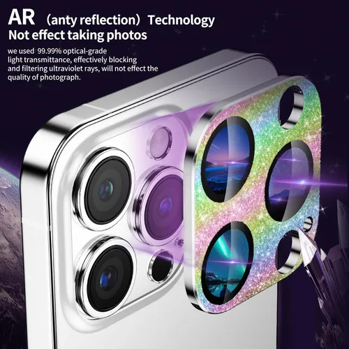 Vista 3 de Protector de lente de cámara para iPhone 14 Pro/iPhone 14 Pro Max, cobertura completa 3D con purpurina brillante, calidad de imagen sin afectación