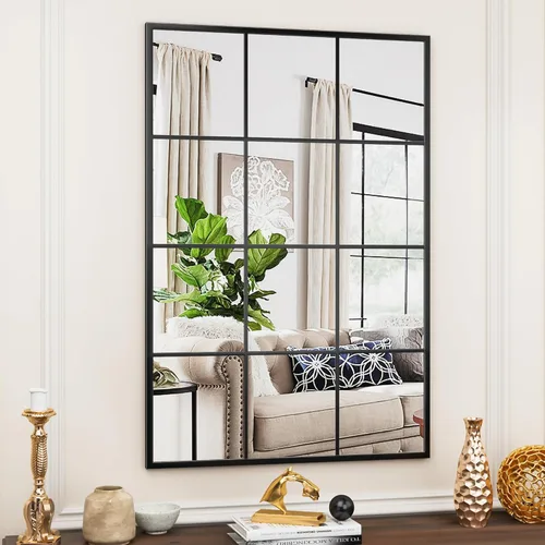 Vista 6 de Suidia Espejo de pared, espejos decorativos de ventana de 24 x 36 pulgadas, marco de metal, decoración de pared para dormitorio, sala de estar, Negro