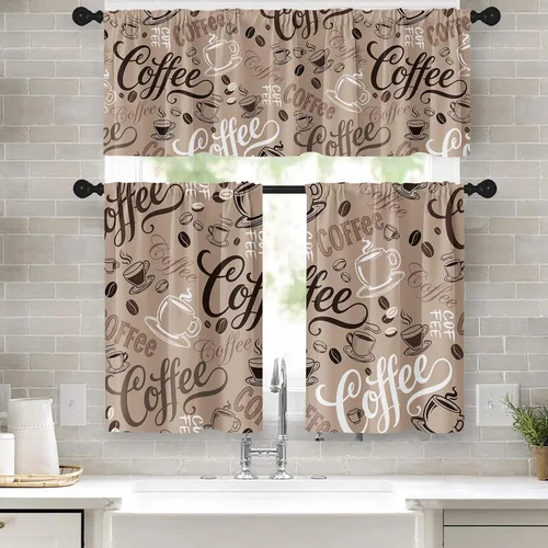 Vista 8 de Cortinas de Ventana de Cocina con Temática de Café, Juego de Cenefa y Niveles, Cortina Corta Marrón Estilo Granja con Bolsillo para Varilla