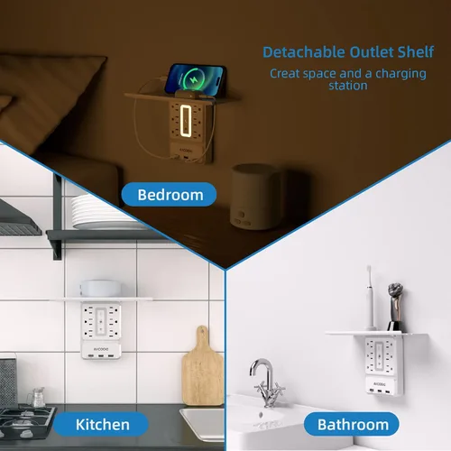 Vista 5 de Paquete de 2 estantes de toma de corriente, extensor de toma de corriente de pared, protector de sobretensiones con luz nocturna, 6 salidas con 3