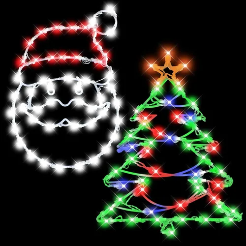 Silueta de ventana de Navidad de 16 pulgadas, luces LED decorativas con pilas, paquete de 2 letreros iluminados con cabeza de Papá Noel y árbol de