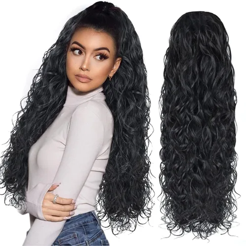 Vista 14 de Extensiones de cabello ombré 1B/27, cola de caballo para mujeres negras, extensiones de cola de caballo largas onduladas con cordón, extensiones