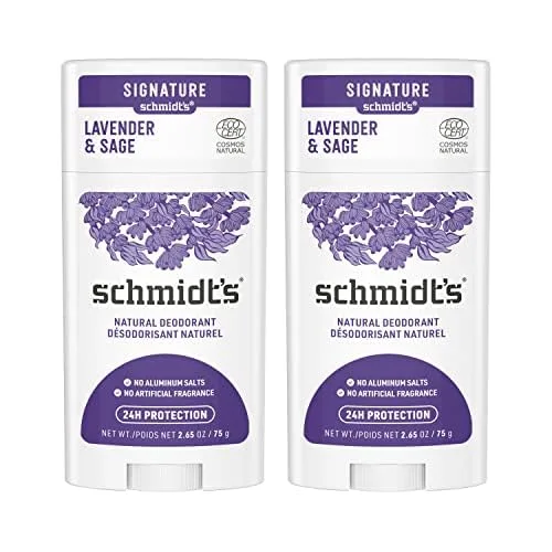 Schmidt's Desodorante sin aluminio vegano con lavanda y salvia con protección contra el olor de 24 horas, 2 unidades para mujeres y hombres,