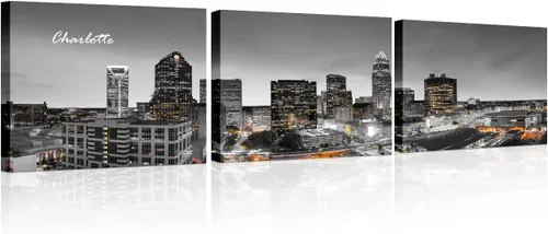Vista 32 de 3 paneles de Atlanta Skyline vista de la ciudad en blanco y negro, imágenes panorámicas de edificio de ciudad, decoración de pared para sala