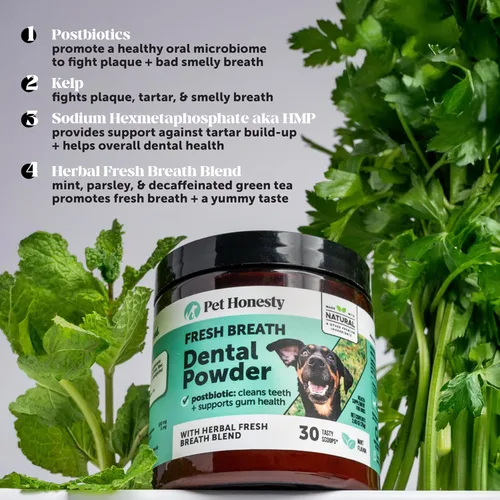 Vista 3 de Polvo dental refrescante de aliento para perros, para limpieza de dientes y eliminación de placa, cuidado dental para perros, removedor de sarro