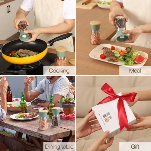 Vista 6 de VUCCHINI Juego de molinillo manual de sal y pimienta con tapa de bambú, molinos de sal y pimienta gruesos ajustables, rebabas de cerámica