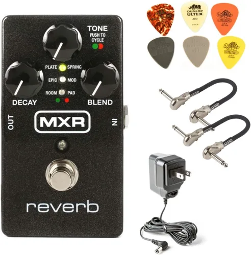 MXR Paquete de pedal de efectos de guitarra analógica M300 Reverb con 2 cables de conexión MXR y 6 púas Dunlop y fuente de alimentación de 9 V