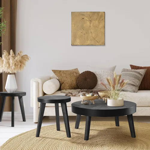 Vista 7 de HOKYHOKY Juego de 3 mesas auxiliares redondas de granja, mesas auxiliares de sofá negro con acabado natural de madera para sala de estar