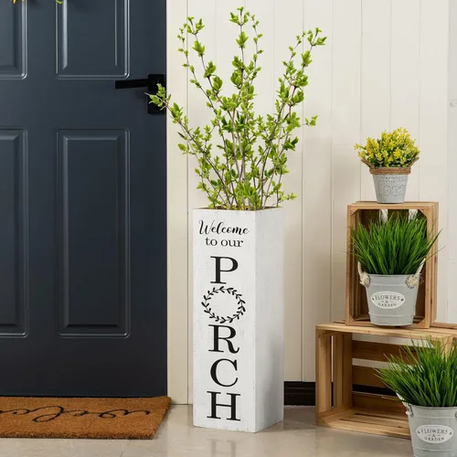 Vista 17 de Glitzhome Letrero de bienvenida de madera de 24 pulgadas de alto, diseño rústico de doble cara en forma de caja con texto en inglés "WELCOME PORCH