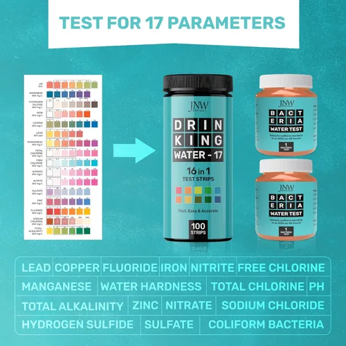 Vista 3 de JNW Direct Kit de prueba de agua potable 17 en 1, 100 tiras + 2 kits de prueba de bacterias, para pozo, grifo, hogar, tira de prueba de agua
