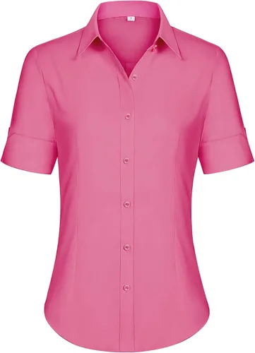 Vista 18 de siliteelon Camisas de vestir de manga corta con botones para mujer, camisas de algodón con botones para mujer, blusa ajustada de manga 3/4