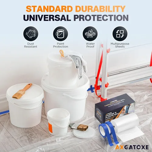 Vista 2 de Paños de plástico, película de plástico de pintor de 200 pies de largo x 9 pies de ancho con 2 rollos de cinta de pintor, láminas de pintor
