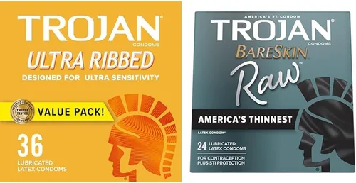 Trojan Preservativos ultra acanalados para ultra estimulación, 36 unidades, 1 paquete y condones finos sin procesar de piel desnuda, condones