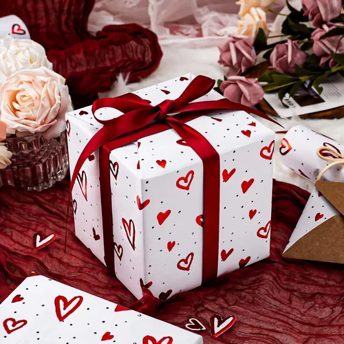 Vista 4 de Homeral Rollo de papel de regalo de estraza en relieve, papel de regalo de lujo en 3D con corazón de papel de aluminio rojo para el día de San