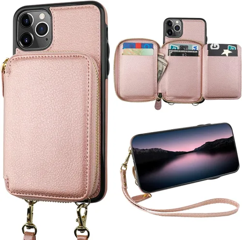 Bocasal Funda tipo cartera con bloqueo RFID para iPhone 11 Pro Max, funda cruzada ajustable con cremallera, tarjetero con función atril, correa de