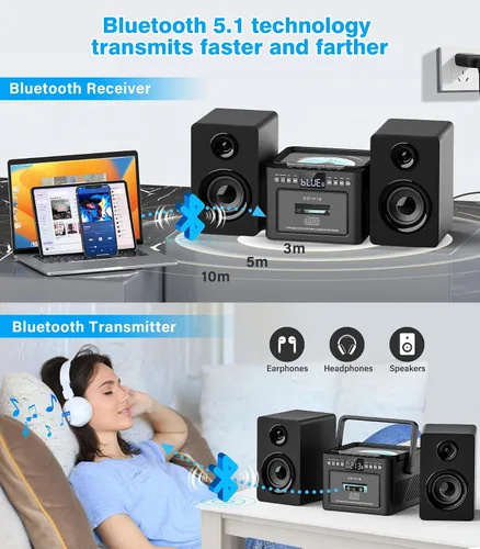 Vista 10 de Greadio Sistema de estéreo para el hogar con Boombox, reproductor de CD y cassette, Combo, Sistema de estéreo para el hogar de 40W con Bluetooth