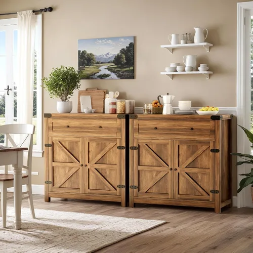 Vista 7 de YESHOMY Gabinete de Barra de Café y Acento, Aparador de Buffet de Granja con Puerta de Granero, Cajón y Estante Ajustable, Escritorio Ancho