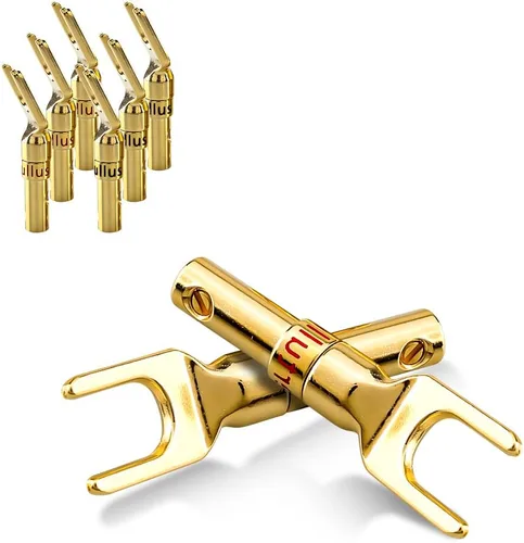 Vista 11 de Tertullus 8 conectores de pala de altavoz, cobre puro, chapado en oro, enchufe Y de 45 grados, adaptador de bloqueo de tornillo de 45 grados