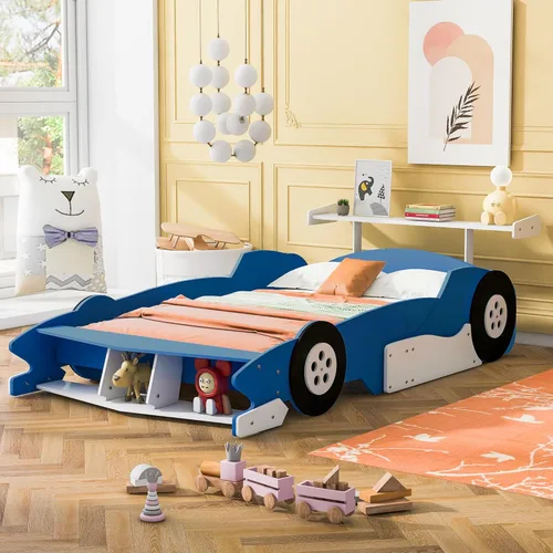 Vista 27 de Cama de plataforma en forma de auto de carreras con ruedas, cama de plataforma de madera tamaño individual con barandilla, cama de plataforma