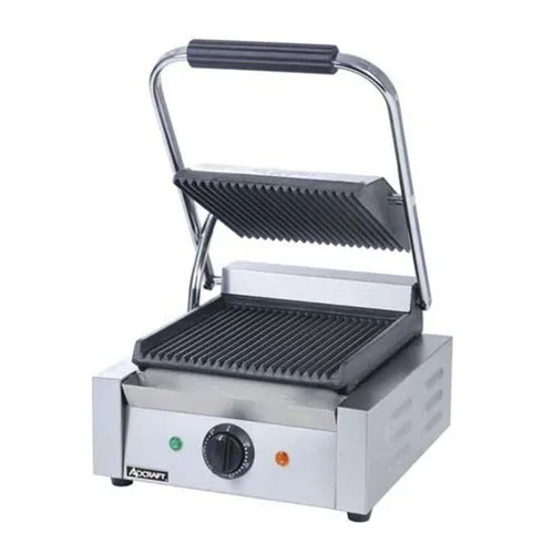 Adcraft SG-811 Parrilla eléctrica ranurada para sándwich, prensa Panini con placas ranuradas de hierro fundido de acero inoxidable, 1750 vatios, 120