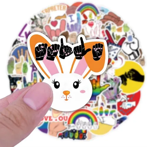 Vista 3 de Calcomanías ASL 50 piezas de calcomanías de vinilo impermeables en lenguaje de señas americano para botellas de agua, laptop, equipaje, taza