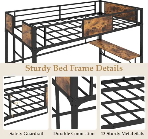 Vista 6 de Giantex Cama alta de metal tamaño individual con escritorio y estante de almacenamiento, marco de cama alta resistente con escalera integrada