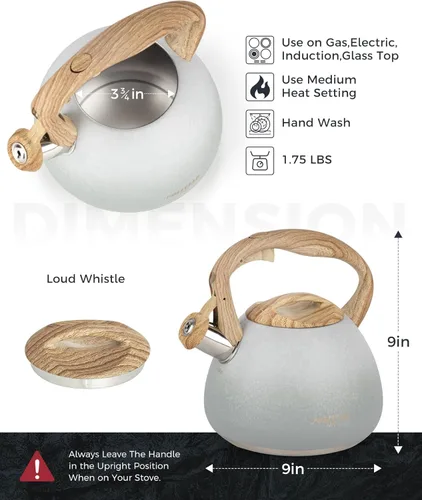 Vista 70 de POLIVIAR Hervidor de té, 2.7 cuartos de galón con acabado azul y mango de madera con silbato fuerte, tetera de acero inoxidable de grado