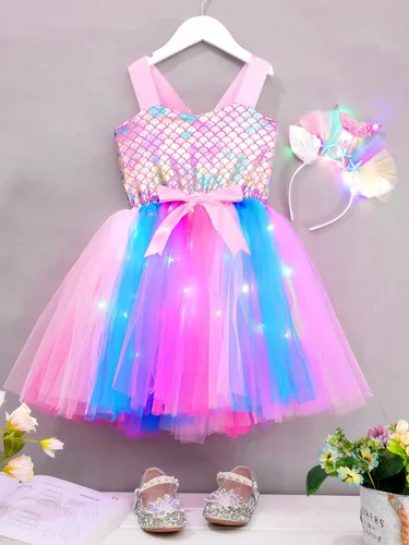 Vista 4 de YiZYiF Disfraz de sirena para niñas, vestido tutú de princesa de sirena con luz LED de colores con diadema