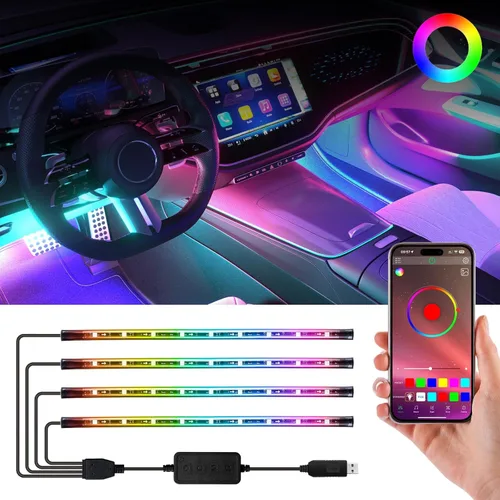 Vista 9 de Luces LED interiores para automóvil con control inteligente de aplicación, sincronización de música, modo DIY, kits de luces LED interiores