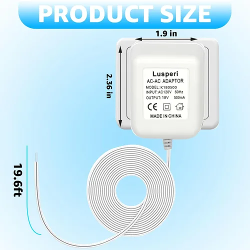 Vista 2 de Cable extra largo de 19.7 pies, transformador de timbre de 18V500mA compatible con timbres de video inalámbricos Ring, Nest, Eufy, Wyze, Arlo