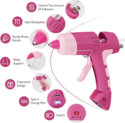 Vista 2 de Pistola de pegamento caliente con 30 barras de pegamento, juego de pistola de pegamento caliente rosa recargable de 20 W, mini pistola de pegamento