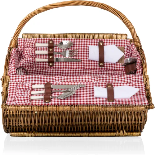 Vista 4 de Picnic TIME Cesta de picnic de mimbre para 2, romántica cesta de mimbre de madera redondeada de estilo inglés con servicio de lujo para 2