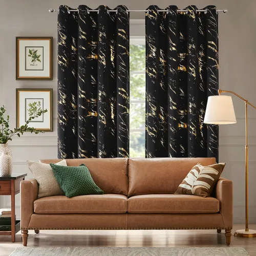 Vista 16 de WUBODTI Cortinas 100% Opacas de Mármol Beige de 63 Pulgadas de Largo 2 Paneles, Cortina Corta con Ojales de Impresión de Lámina Dorada Moderna
