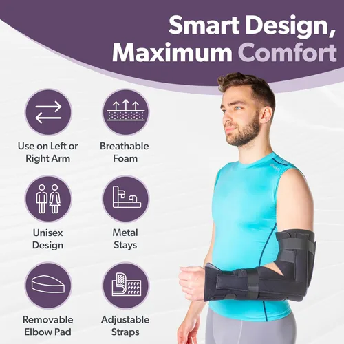 Vista 7 de BraceAbility Soporte inmovilizador de codo Férula de ortesis de antebrazo de brazo largo extraíble para antebrazo blando para suprarcondilo roto