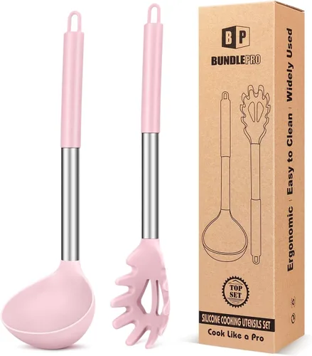 Vista 13 de Set de tenedor de pasta y cucharón de silicona, utensilios de cocina grandes antiadherentes para cocinar, remover, servir espaguetis, sopa, salsa