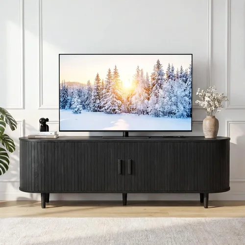 Vista 12 de Soporte de TV moderno de mediados de siglo de 58 pulgadas, consolas de TV de madera con puertas correderas y toma de corriente, centro