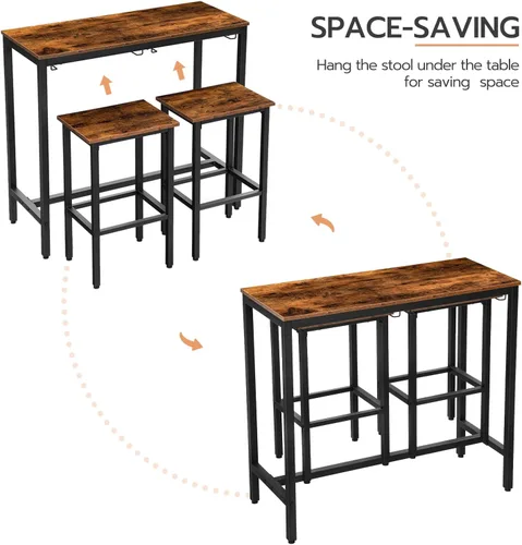 Vista 5 de HOOBRO Juego de mesa de bar, mesas de bar con taburetes, juego de 2, sillas de bar debajo del mostrador, mesa de comedor industrial para cocina