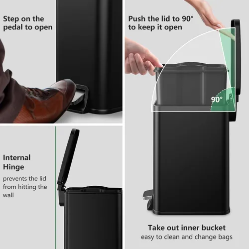 Vista 4 de Cubo de basura delgado para baño con tapa de cierre suave, cubo de basura de acero inoxidable de 1.6 galones con cubo interior extraíble, pedal