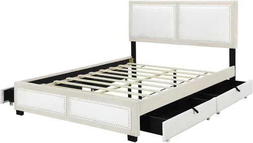 Vista 13 de Elegante cama con plataforma tapizada de terciopelo de tamaño Queen con cabecero, para niños, niñas y adolescentes (beige @cabecero/, Queen)