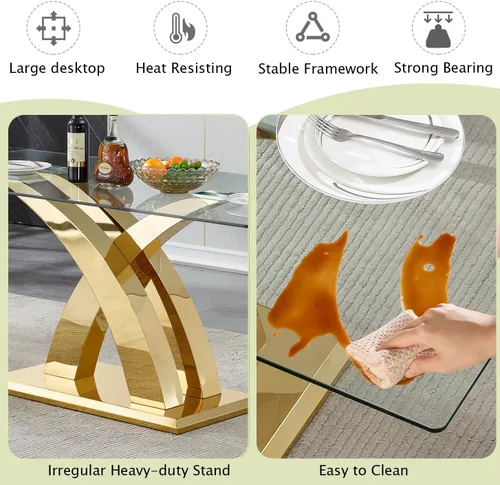 Vista 22 de Mesa de comedor de vidrio de 70 pulgadas para 4-8 personas, parte superior de vidrio templado y base de acero inoxidable en U dorada, escritorio
