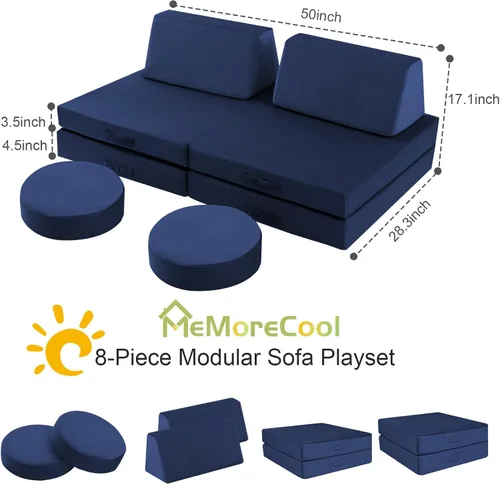 Vista 4 de Sofá modular para niños MeMoreCool – Sofá de dinosaurio de 8 piezas que brilla en la oscuridad para niños pequeños convertible en fuerte constructor