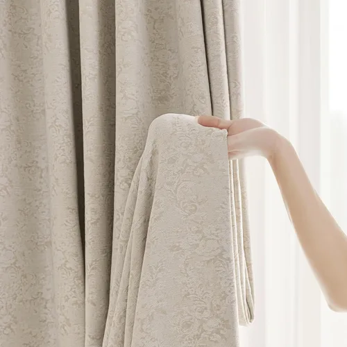 Vista 5 de Cortinas opacas de jacquard floral beige de 63 pulgadas de largo para sala de estar, dormitorio, felpilla con flores, oscurecimiento de habitación