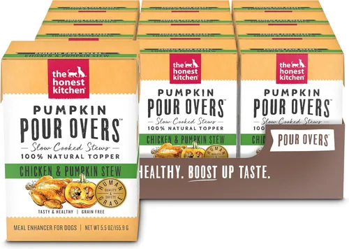 The Honest Kitchen Pumpkin POUR OVERS - Toppers húmedos para perros (paquete de 12), 5.5 onzas, estofado de pollo