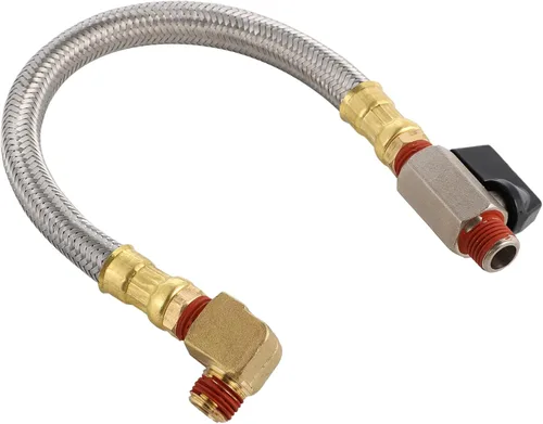 Vista 4 de Manguera de acero trenzada de 10 pulgadas NPT de 1/4 de pulgada, adaptador de latón de 1/4 a 3/8 pulgadas, válvula de drenaje y codo para compresor