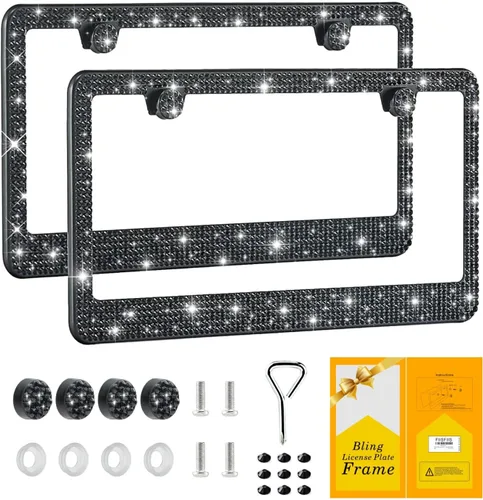 FIISFIIS Marco de matrícula brillante para mujer, paquete de 2 soportes de matrícula de acero inoxidable de alta calidad, hechos a mano con